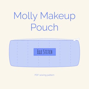 May include: A light blue makeup pouch with a zipper and the text "ELLE STITCH" on a white label. The pouch is a PDF sewing pattern.