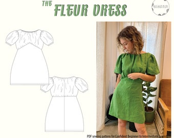 Fleur Dress digitaal naaipatroon, (maat 6-24 AU), jurk met pofmouwen, naaipatroon voor beginners tot gemiddeld.