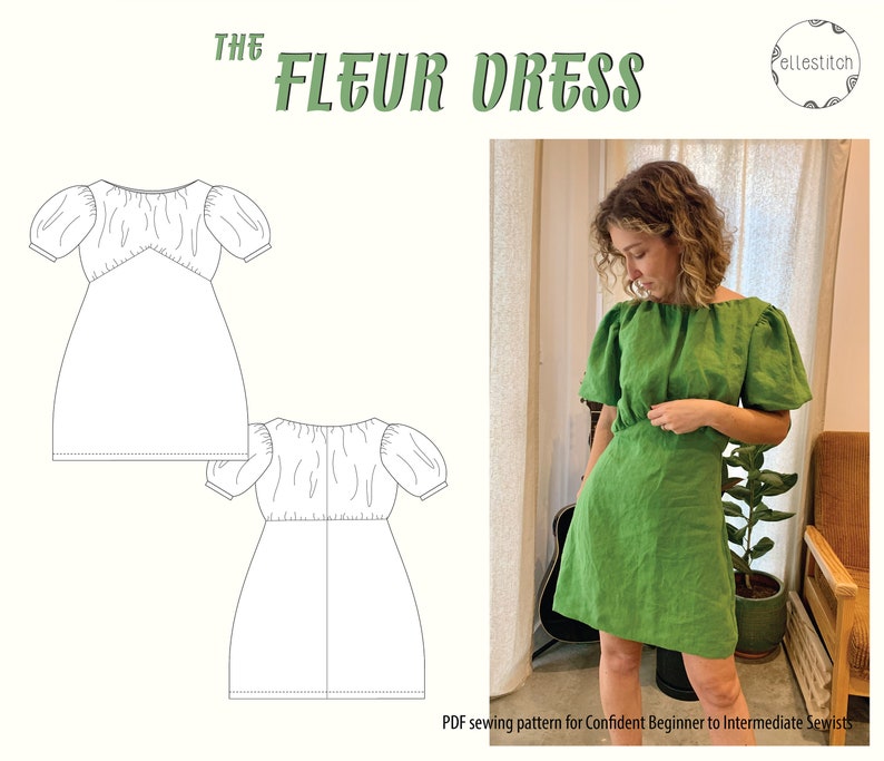 Fleur Dress Digital Sewing Pattern, Size 6-24 AU, Puff Sleeve Dress, Beginner to Intermediate Sewing Pattern. image 1