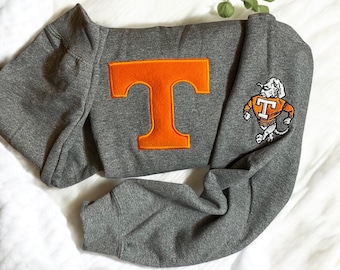 Könnte beinhalten: Graues Sweatshirt mit einem orangefarbenen "T"-Applikation auf der Vorderseite. Der rechte Ärmel zeigt einen gestickten Cartoon-Hund, der ein passendes orangefarbenes "T"-Shirt trägt. Das Sweatshirt ist auf einer weißen Oberfläche gefaltet.