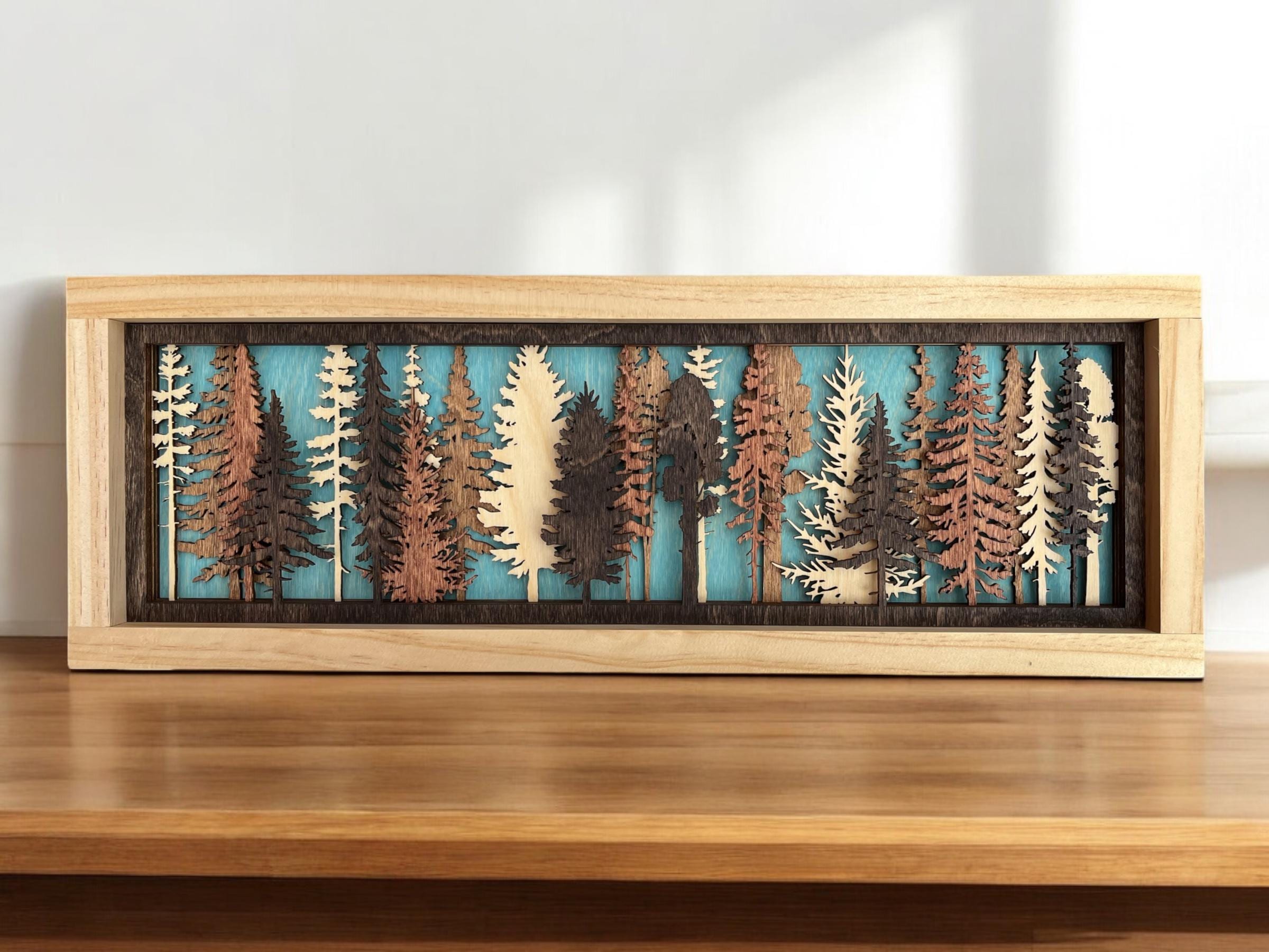 Arte de pared de madera con árbol ancho en capas / Caja de sombras con escena de bosque en 3D para regalo / Arte de pared decorativo de madera
