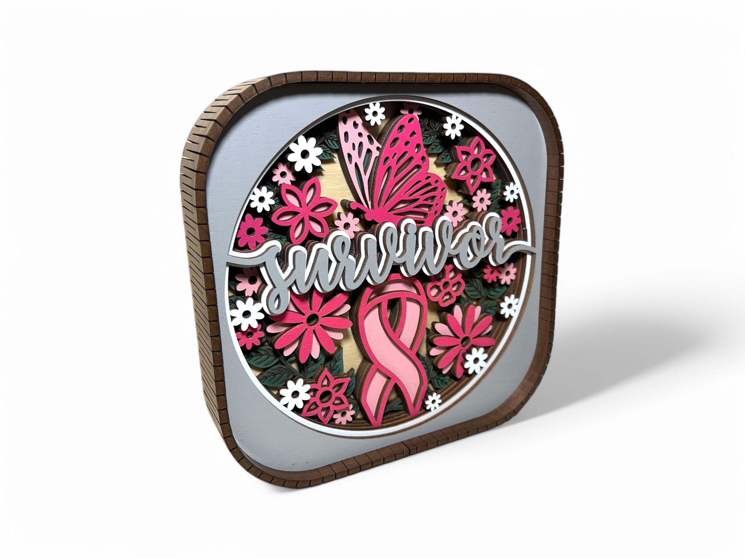 Breast Cancer Survivor Wood Shadow Box: Pink Ribbon Gift (6