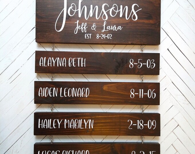 Personalized Wood Family Name Sign with Names and Birthdates, Established Date, Customize for Special Dates