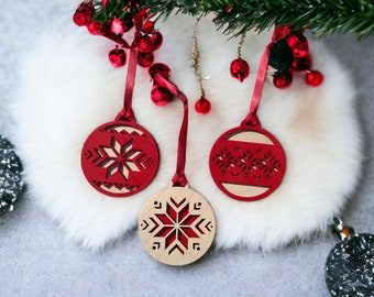 Set of 3 - Red and Natural Wood Mosaic Christmas Ornaments | Handmade Ornaments