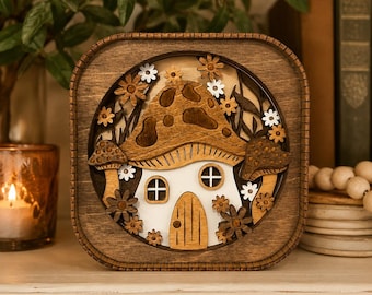 Mushroom House Shelf Sitter | Cottagecore Decor | Woodland Decor | Fairy House Art | 3D Layered Wood Display