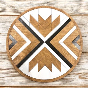 Wood Round Aztec Mosaic Wall Art | Modern Geometric Wall Hanging | Housewarming Gift | Wooden Circle | Custom Colors | Design Your Wall Art