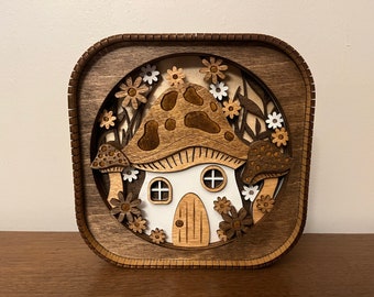 Mushroom House 3d Wood Shelf Sitter | Mantel Decor | Tiered Tray Decor | Woodland Theme Decor | Toadstool Tray Decor | Shelf Display | 6"X6"