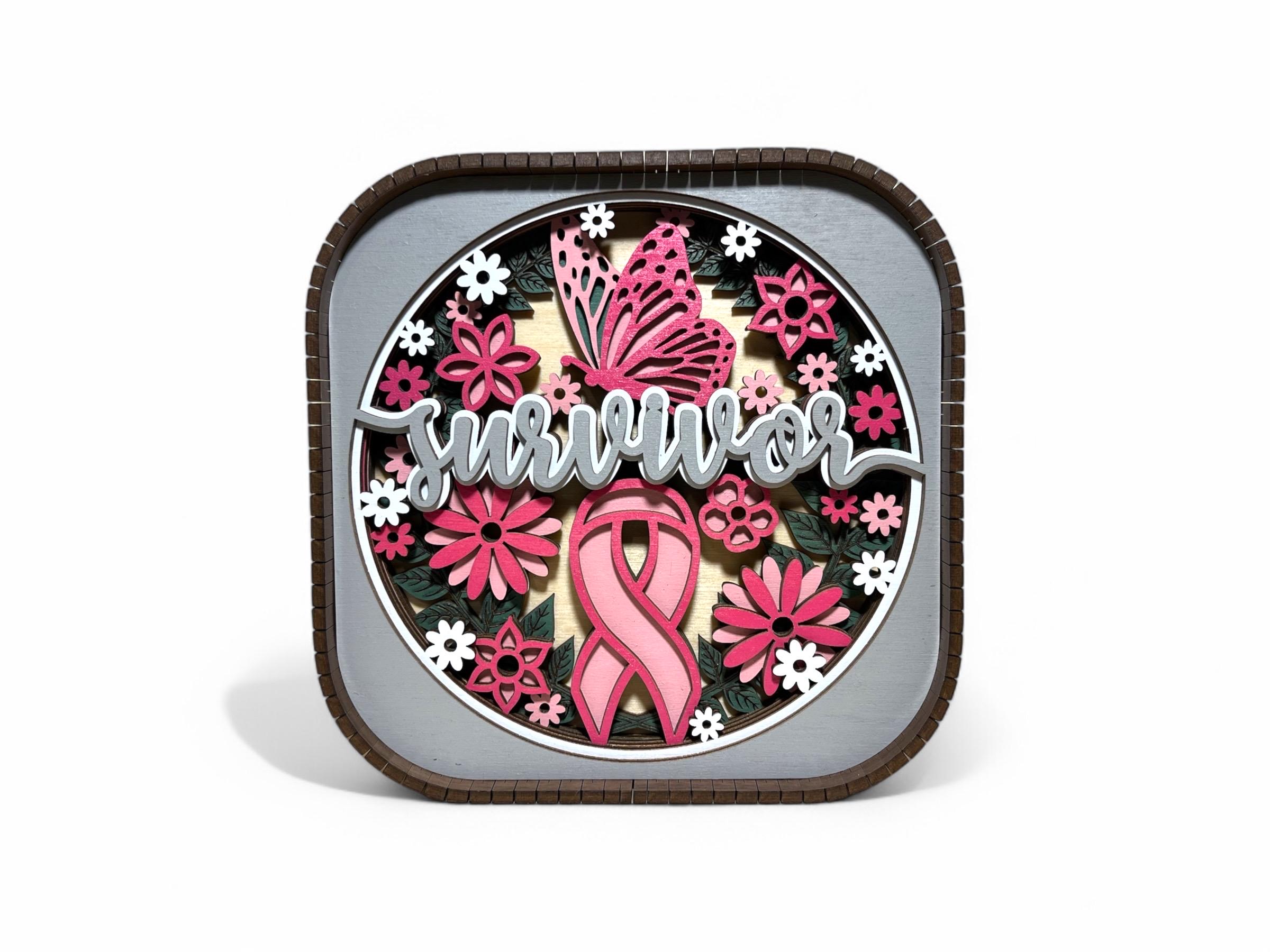 Breast Cancer Survivor Wood Shadow Box: Pink Ribbon Gift (6