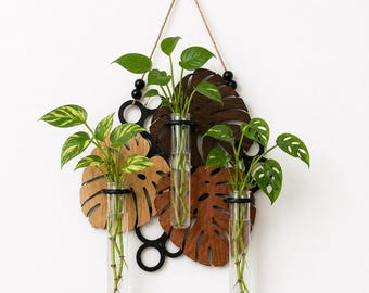 Wooden Monstera Wall Plant Propagation Station | Plant Holder | 3 Glass Tube Planter | Plant Lover Gift | Modern Wall Planter | Wall Vase