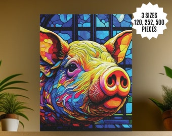 Colorful Pig Puzzle (120, 252, 500-Piece) Stained Glass Pig Jigsaw Puzzle Lover Gift for Adults, Pig Puzzle for Kids Family