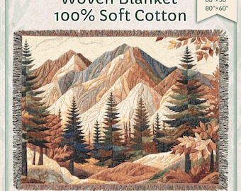Mountains & Forest Woven Blanket, Soft Cotton Cabin Decor