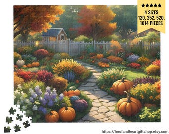 May include: A fall-themed jigsaw puzzle featuring a colorful garden scene with pumpkins, flowers, and a small cottage. The puzzle is available in four sizes: 120, 252, 520, and 1014 pieces.