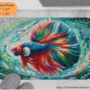 May include: A colourful mosaic bath mat featuring a betta fish with red, orange, blue and green scales. The mat is available in two sizes: 24 inches by 17 inches and 34 inches by 21 inches.