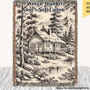 Brown Mountain Cabin Woven Blanket, Cotton Lap Throw, Nature Lover Home Camper Cabin Decor Gift, Soft Cozy Bedding, Rustic Cabin Tapestry