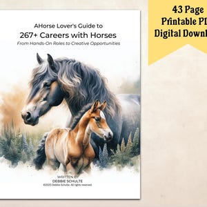 Puede incluir: Una guía para más de 267 carreras con caballos, con una ilustración de acuarela de un caballo marrón y blanco y un potro marrón en un campo de flores. La portada del libro incluye el título "AHorse Lover's Guide to 267+ Careers with Horses" y el texto "From Hands-On Roles to Creative Opportunities".