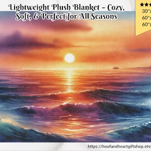 May include: A watercolor painting of a sunset over the ocean. The sky is a mix of orange, pink, and purple, and the sun is setting in the distance. The waves are crashing on the shore, and there is a small boat in the distance.
