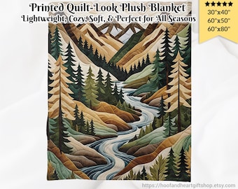 Fall Mountain Forest Plush Blanket, Printed Quilt-Look Throw, Lightweight, Soft Cozy 40&quot;x30&quot;, 60&quot;x50&quot;, 80&quot;x60&quot;, Nature Cabin Home Decor Gift