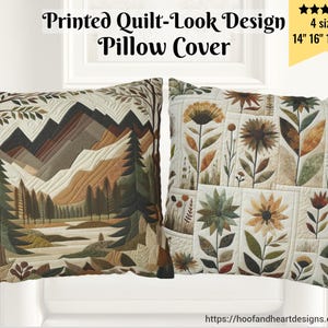 Puede incluir: Dos fundas de cojín decorativas con un diseño estampado tipo edredón. Una presenta un paisaje montañoso en tonos marrones, verdes y beige. La otra muestra patrones florales en tonos tierra similares. Disponible en 35.5cm, 40.6cm, 45.7cm y 50.8cm.