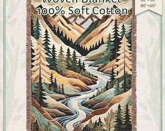 Mountains & Forest Woven Blanket: Soft Cotton Cabin Decor Throw