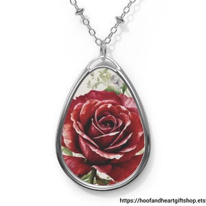 Red Rose Floral Necklace, Silver Teardrop Oval Pendant, Jewelry Gift for Bride, Bridesmaid, Birthday, Mother, Friend, Daughter