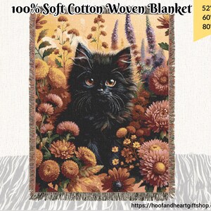 Couverture tissée chat noir, 100 % coton doux, jeté confortable, cadeau déco animal de la ferme, couvre-lit chaton d'automne, chambre à coucher rustique