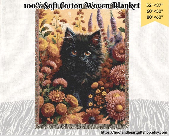 Black Cat Woven Blanket, 100% Cotton Soft, Cozy Lap Throw