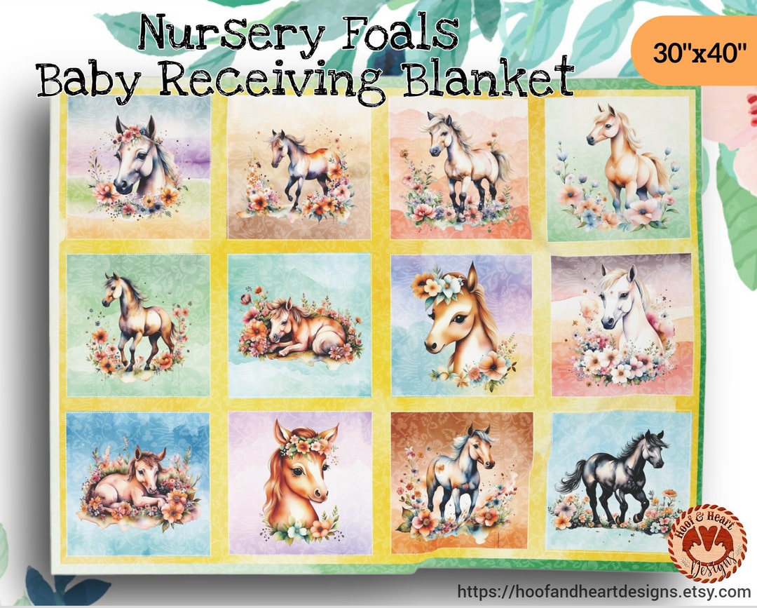 Horse Baby Blanket, Baby Horses Receiving Blanket, Nursery Foals Baby Swaddle Blanket, Baby