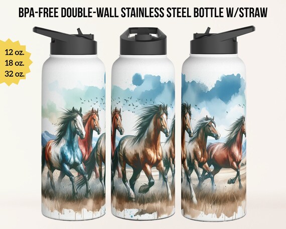 Stainless Steel Water Bottle W/ Straw (12oz, 18oz, 32oz), Watercolor  Horses, Running Wild Mustangs, Horse Lover Gift for Her Him - Etsy