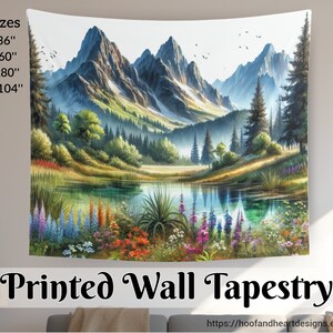 Mountain Lake and Wildflowers Indoor Wall Tapestries (26x36&#39;&#39;, 50x60&#39;&#39;, 68&#39;&#39;x80&#39;&#39;, 88&#39;&#39;x104&#39;&#39;), Nature Lover Home Decor Gift