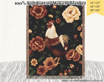Chicken Woven Blanket: Farmhouse Rooster Cotton Throw