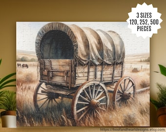 Old Covered Wagon Puzzle (120, 252, 500-Piece) Country Western Old Covered Wagon Jigsaw Puzzle, Puzzle Lover Gift