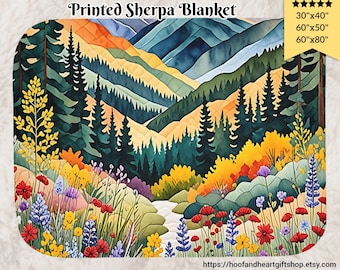 Mountain Forest Wildflower Sherpa Blanket: Cabin Decor Throw