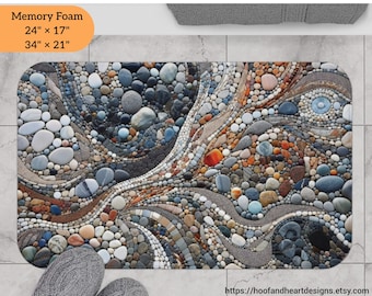 Mosaic Rocks Memory Foam Bath Mat 24" × 17", 34" × 21", River Rock Stones Mosaic Bathroom Kitchen Door Rug Rockhound Nature Home Decor Gift