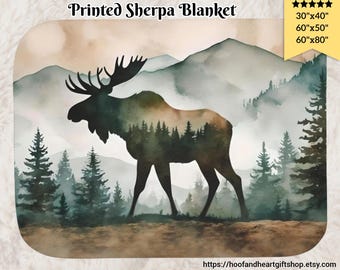 Mountain Moose Sherpa Blanket: Watercolor Forest Wildlife Throw