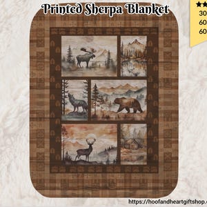 Rustic Wildlife Sherpa Blanket, Bear Moose Wolf Deer Print, Plush Throw, Mountain Forest Nature Cabin Camper Home Decor Gift