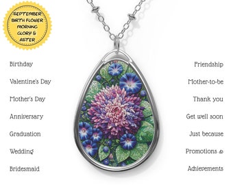 September Birth Flower Necklace, Mosaic Aster & Morning Glory Birth Month Floral Necklace, Botanical Birthday Anniversary Mother Gift