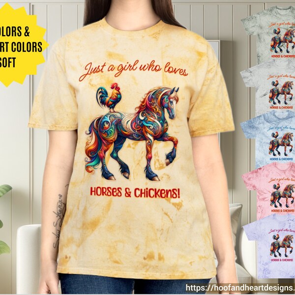 Just a Girl Who Loves Horses and Chickens Unisex Color Blast T-Shirt, Whimsical Horse and Chicken Shirt, Birthday Mother's Day Gift for Her