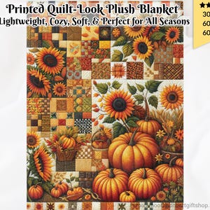 Fall Sunflowers, Pumpkins Plush Blanket, Lightweight, Soft, Cozy Printed Quilt-Look Throw, 40&quot;x30&quot;, 60&quot;x50&quot;, 80&quot;x60&quot;, Nature Home Decor Gift
