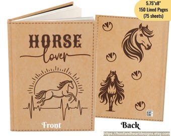 May include: A brown leather-bound journal with the text "HORSE lover" on the front cover. The front cover also features a stylized image of a horse running with a heartbeat graphic. The back cover has a horse silhouette and several hoof prints. The journal measures 5.75 inches by 8 inches and has 150 lined pages.