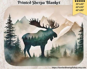 Mountain Moose Sherpa Blanket: Watercolor Forest Wildlife Throw