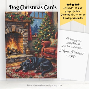 May include: Dog Christmas Cards with a cozy Christmas scene featuring a black dog lying on a rug in front of a fireplace and Christmas tree. The card is available in 4.6"x6.25" or 5"x7" sizes, with various quantities and paper finishes.