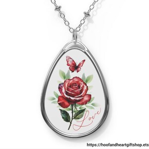 Red Rose Floral Necklace, Silver Teardrop Oval Pendant, Jewelry Gift for Bride, Bridesmaid, Birthday, Valentine&#39;s, Mother, Friend, Wife