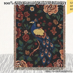 Peacock Woven Blanket, Bird Lover Cotton Throw, Dark Floral Nature Home Decor, Housewarming Gift, Mother&#39;s Day Present, Tapestry