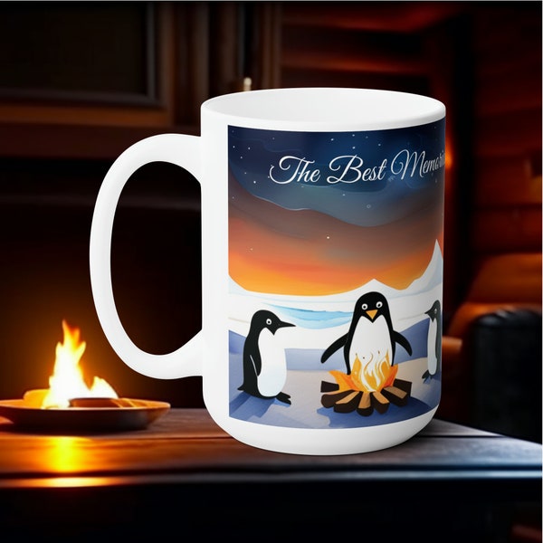 Penguins Warming by Fire Ceramic Mug The Best Memories Are Made by the Fire Hot Cocoa Coffee Winter Christmas Gift