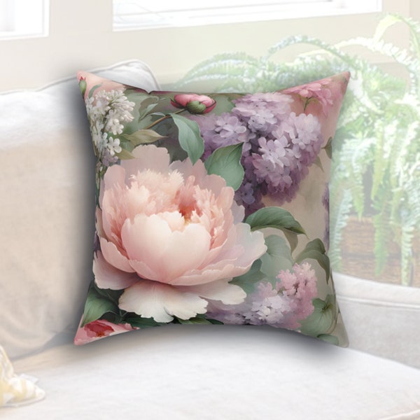 Peony and Lilac Pillow Case, Spring Watercolor Floral Accent Pillow Cover - Pillow Not Included 14", 16", 18", 20" Farmhouse Home Decor Gift