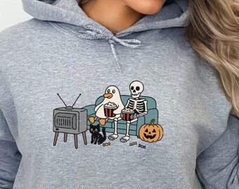 Halloween Movie Night Hoodie, Spooky Season Tee, Cute Ghost Skeleton Sweatshirt, Retro Halloween, Cozy Fall, Halloween Horror Movie Fan Tee