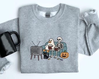 Halloween Movie Night Shirt, Spooky Season Tee, Cute Ghost Skeleton Sweatshirt, Retro Halloween, Cozy Fall, Halloween Horror Movie Fan Gift
