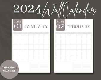 2024 Wall Calendar | Digital Download | Printable | A5, A4, A3 | Sunday Start | Minimalist Monthly Calendar