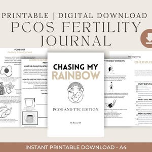 Puede incluir: Una descarga digital titulada "PCOS Fertility Journal" con el texto "Chasing My Rainbow" y un gráfico de arcoíris y bebé. El diario incluye secciones sobre dieta, ovulación, entrenamientos y una lista de verificación. También es visible el texto "Instant Printable Download - A4".