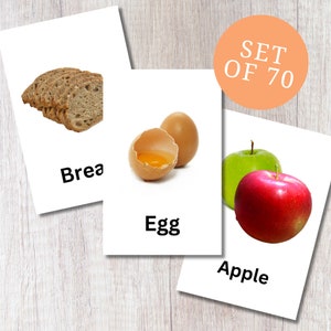 Montessori Real Bild Essen druckbare Karten - Set von 70 (Milchprodukte, Brot, Obst und Gemüse)